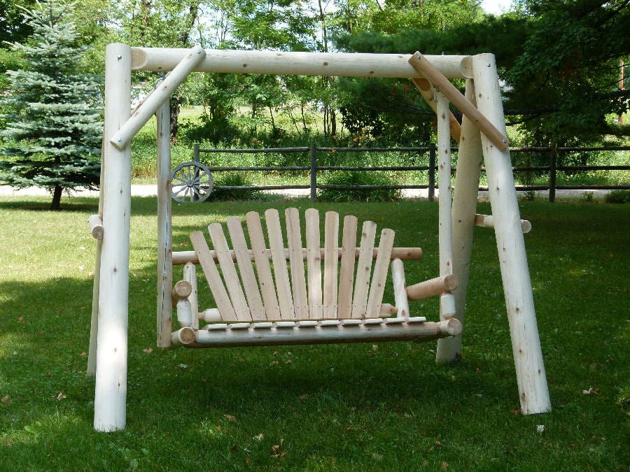 Handcrafted Patio Wooden Swing made from rustic natural logs, perfect for outdoor relaxation and garden decor.