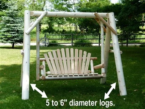 Handcrafted Patio Wooden Swing made with 5 to 6-inch diameter logs for a sturdy and rustic outdoor seating experience.