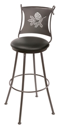 Iron rustic bar stool with engraved pine cone