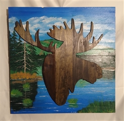 Hand painted Lake with Moose Head. Each item is unique and you get the exact one in the picture shown.