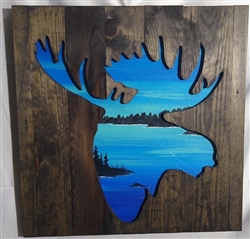 Hand painted Moose cutout over Lake. Each item is unique and you get the exact one in the picture shown.