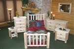5 Piece Cedar Log Bedroom Set.Handcrafted Solid Wood Michigan Cedar Bed Set. Includes any size log bed, 4 drawer chest, 6 drawer dresser, 2 drawer nightstand.