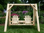 Outdoor rustic double chair cedar log swing. handcrafted from Michigan white cedar. Made in USA.