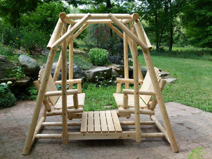 Rustic patio set with swing featuring two swing benches and a central table for outdoor gatherings.