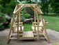 Rustic patio set with swing featuring two swing benches and a central table for outdoor gatherings.
