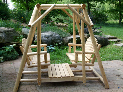 Handcrafted double bench swing, perfect for relaxing outdoors with a natural wood aesthetic