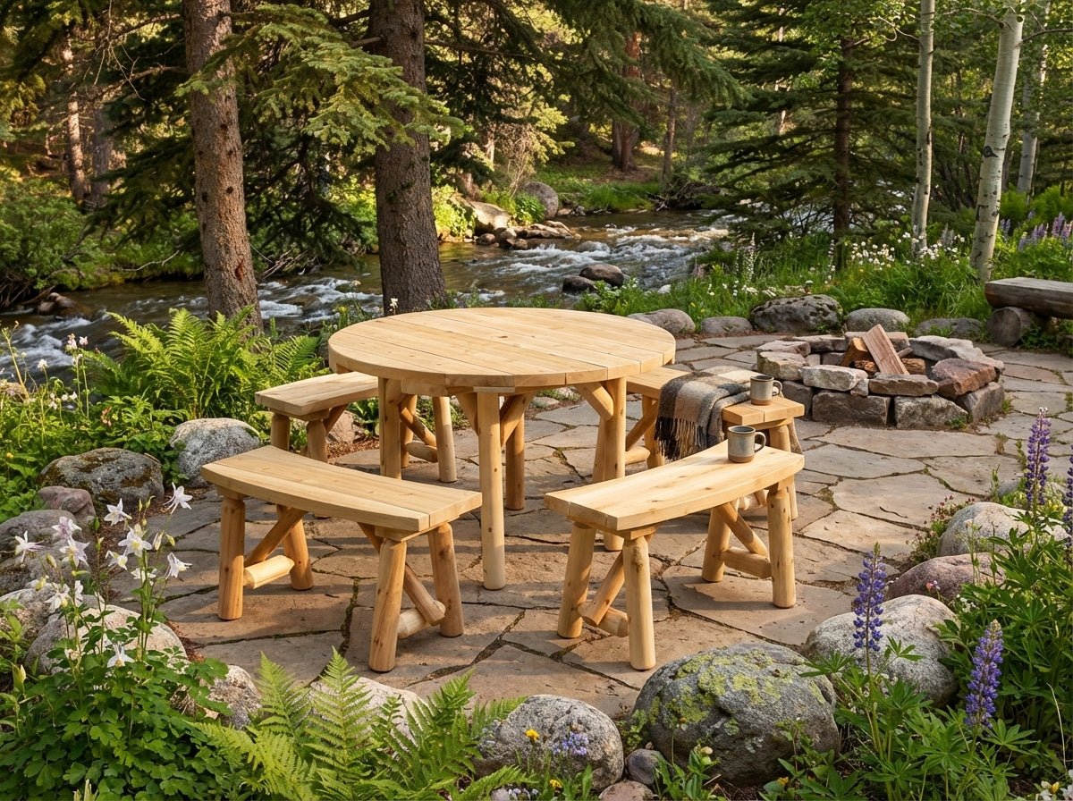 Round Table with Curved Benches - Cedar Creek Rustic Furniture