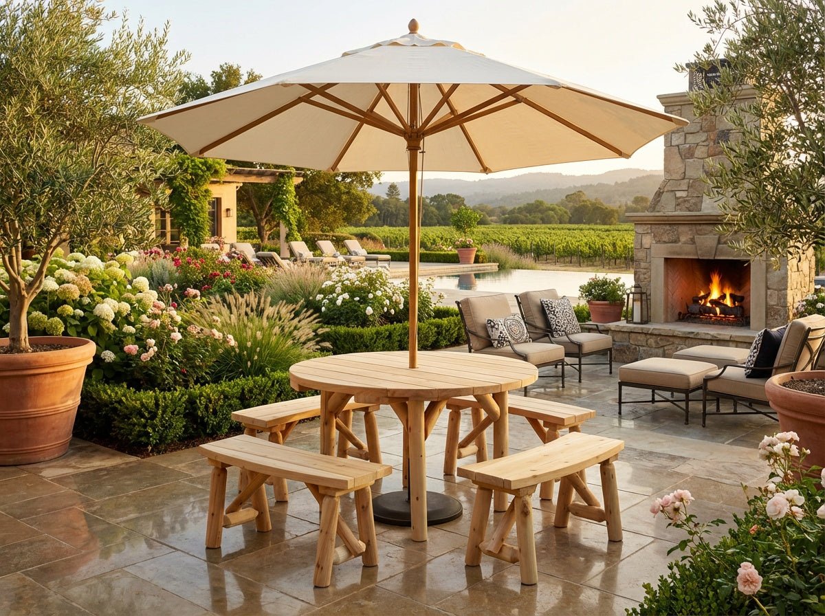 Round Table with Curved Benches - Cedar Creek Rustic Furniture