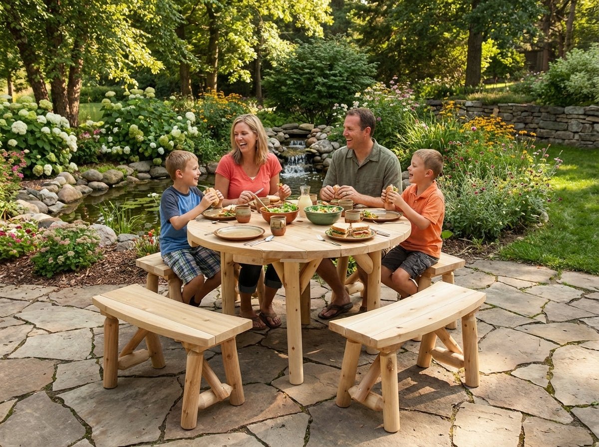 Round Table with Curved Benches - Cedar Creek Rustic Furniture