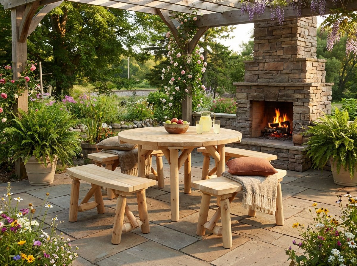 Round Table with Curved Benches - Cedar Creek Rustic Furniture