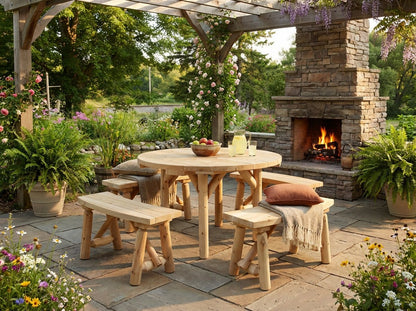 Round Table with Curved Benches - Cedar Creek Rustic Furniture