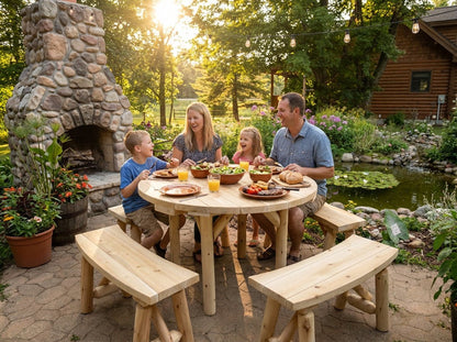 Round Table with Curved Benches - Cedar Creek Rustic Furniture