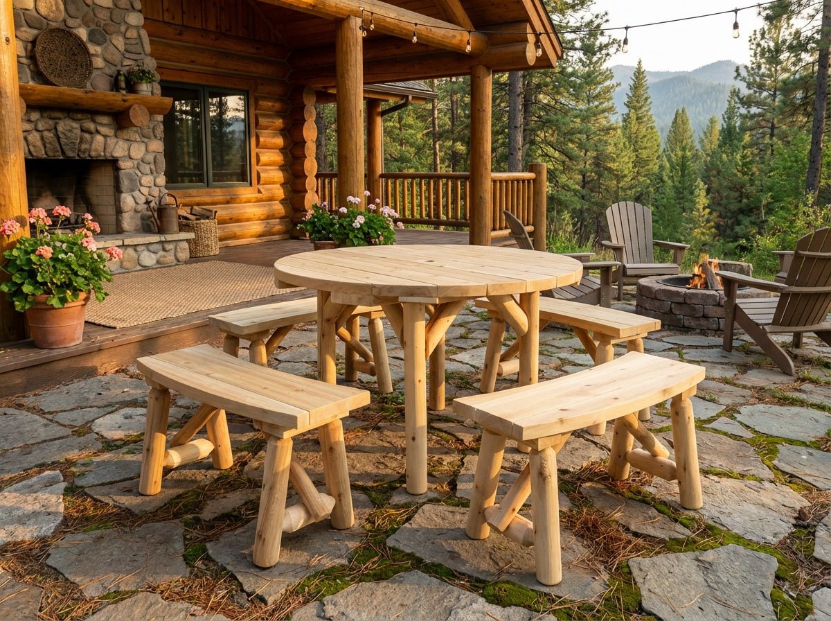 Round Table with Curved Benches - Cedar Creek Rustic Furniture
