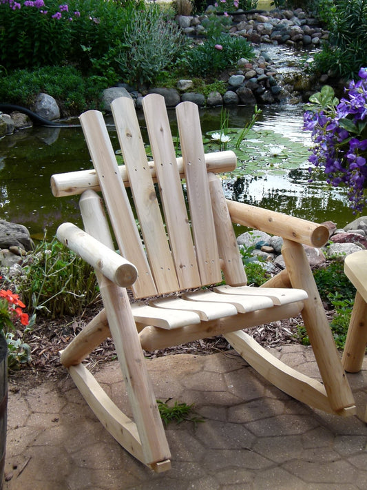 Log rocking chair with a handcrafted design, perfect for relaxing in outdoor settings.