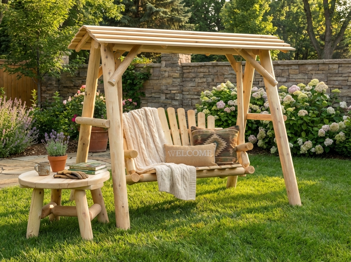 Wooden Porch Swing with Canopy - Cedar Creek Rustic Furniture