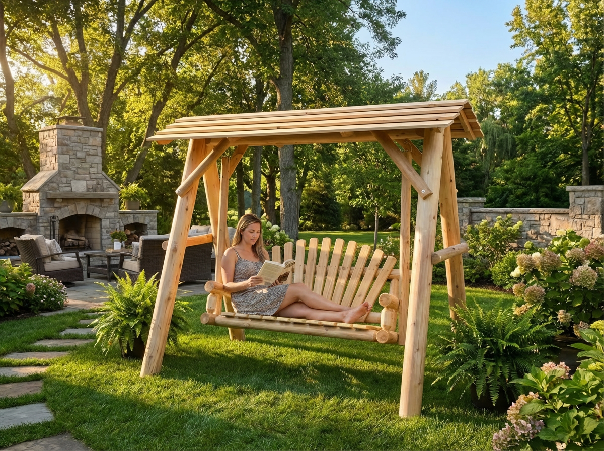 Wooden Porch Swing with Canopy - Cedar Creek Rustic Furniture