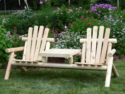 Handmade wooden chair set with a built-in table, perfect for outdoor relaxation and gatherings.