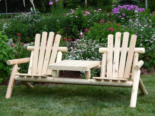 Handmade wooden chair set with a built-in table, perfect for outdoor relaxation and gatherings.